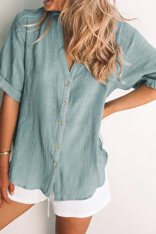 Loose V Neck Button Short Sleeve Shirt