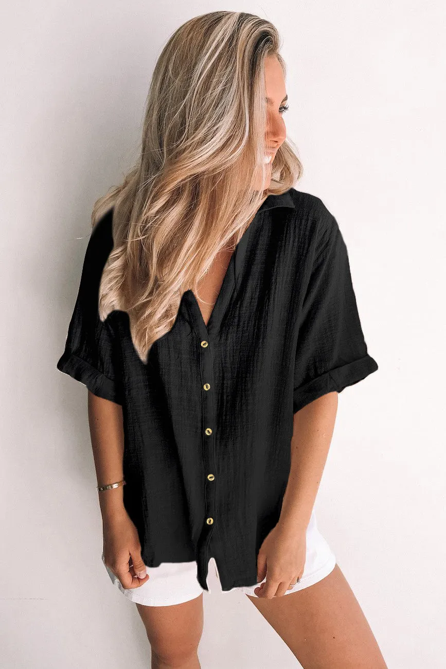 Loose V Neck Button Short Sleeve Shirt