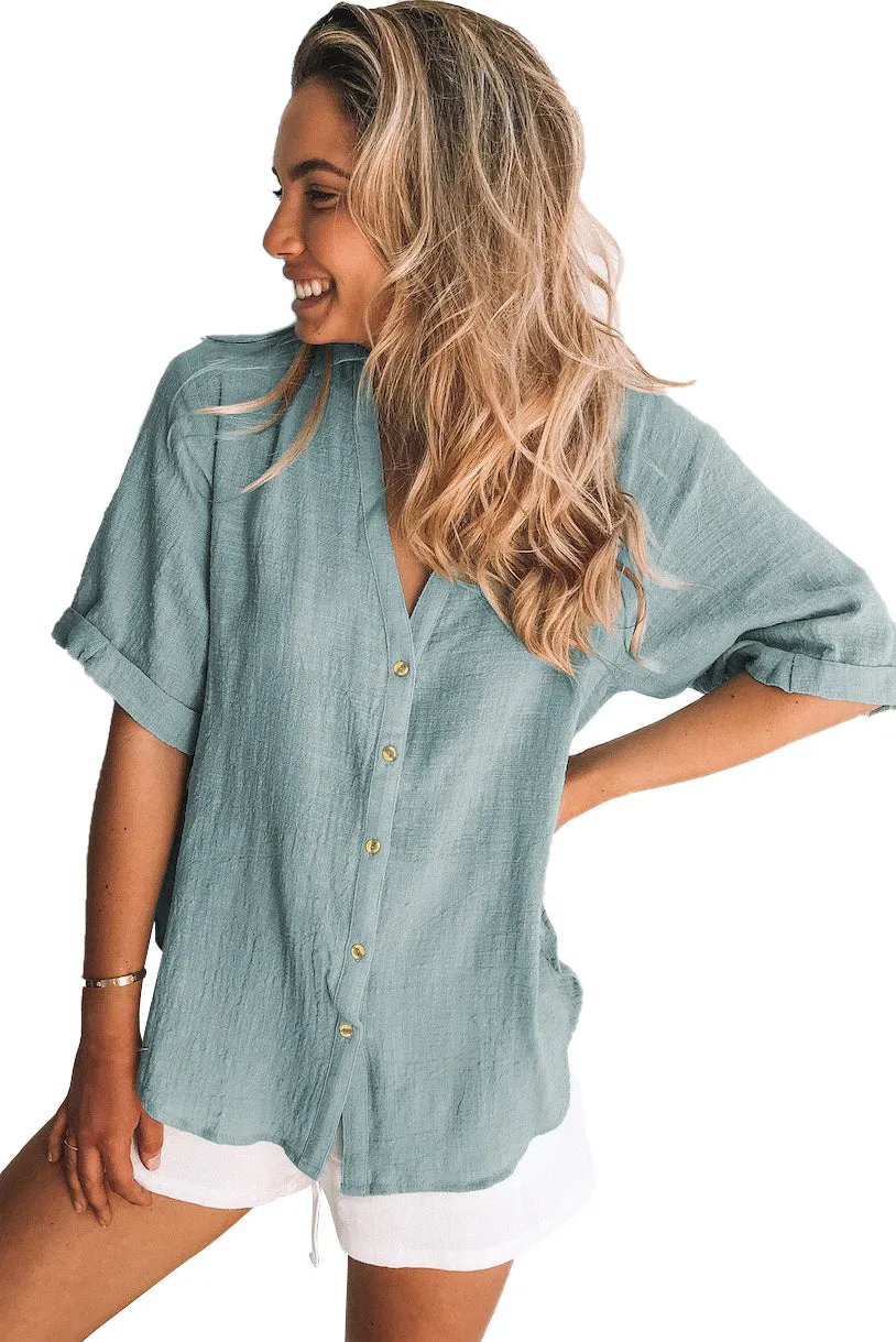 Loose V Neck Button Short Sleeve Shirt