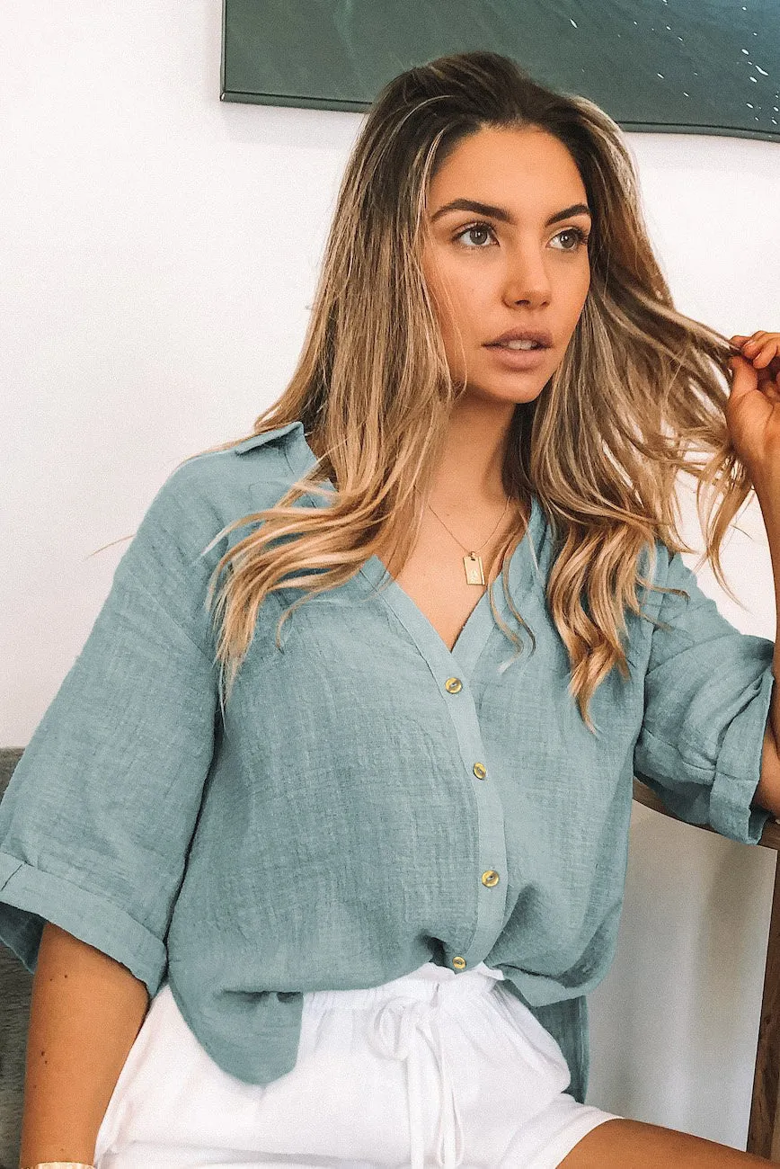 Loose V Neck Button Short Sleeve Shirt
