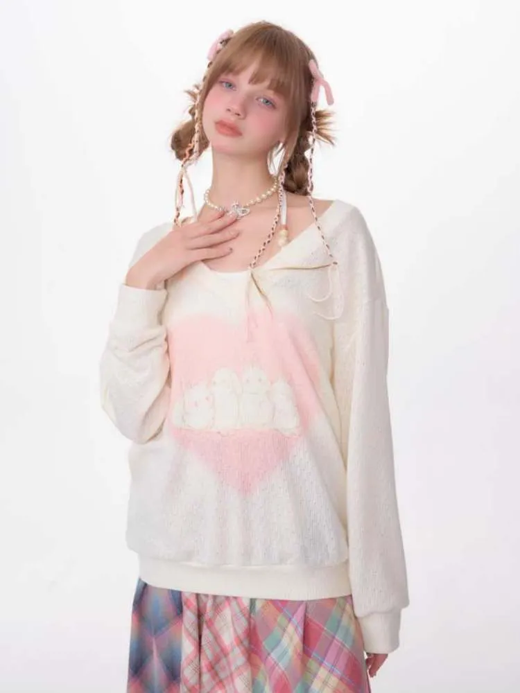 Love Bunny Print V-Neck Knit【s0000007141】