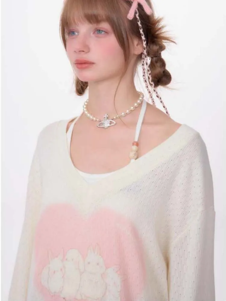 Love Bunny Print V-Neck Knit【s0000007141】