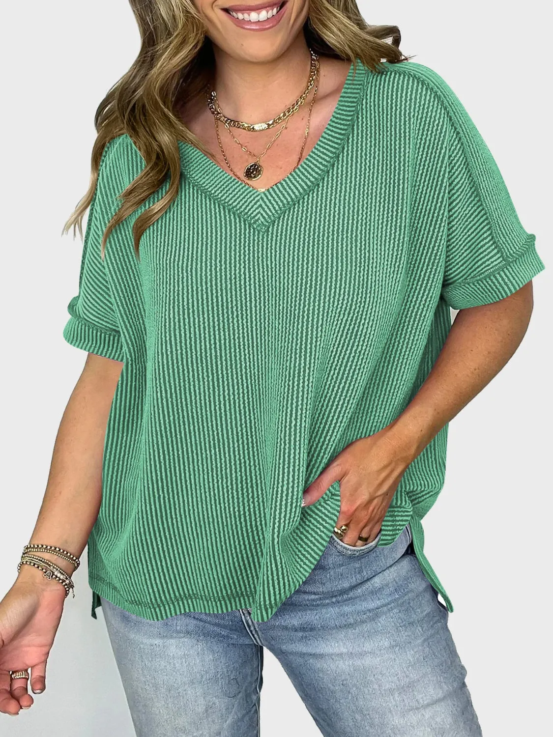 Lovelet Texture V-Neck Half Sleeve Top (5 Colors)