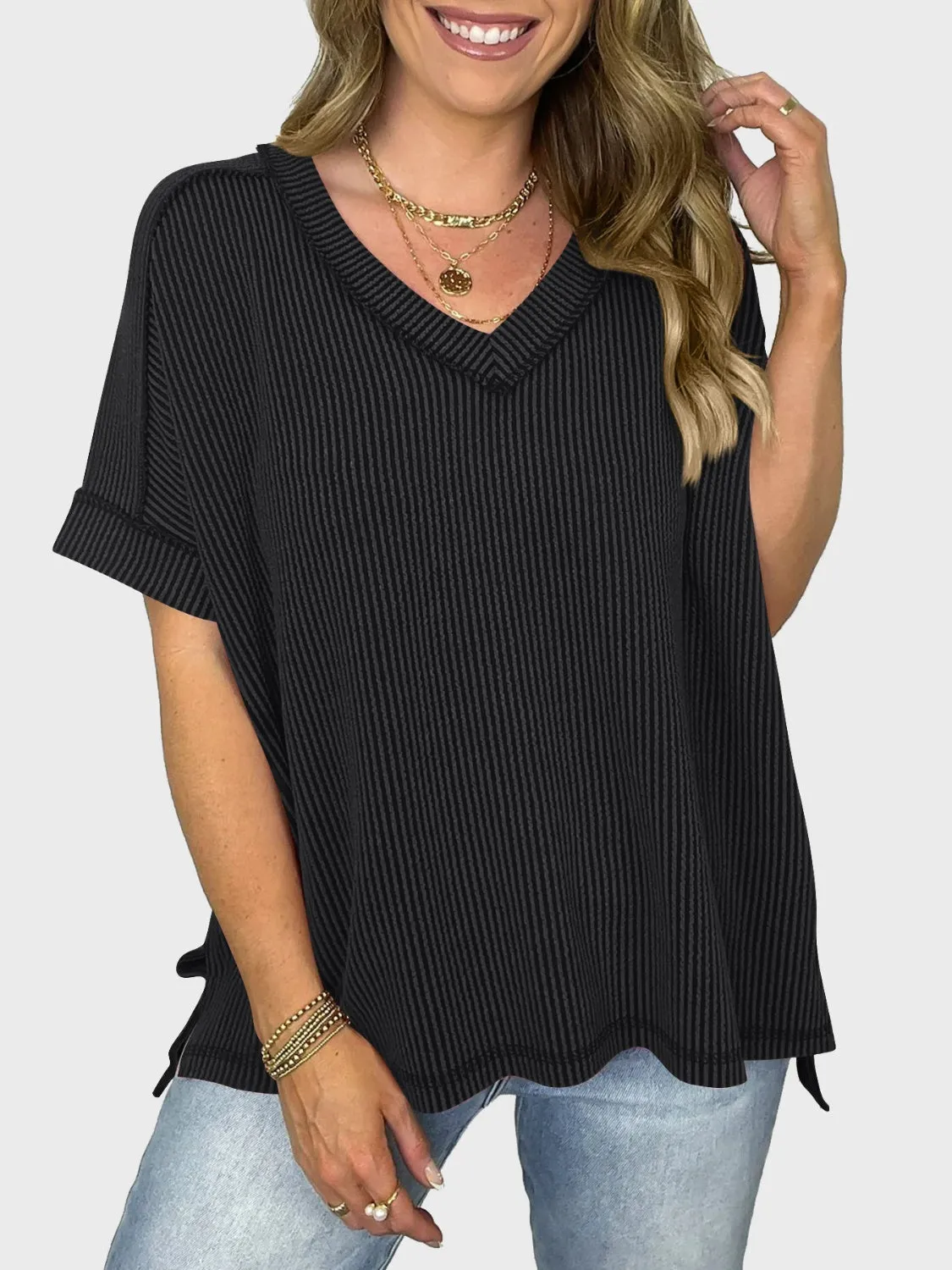 Lovelet Texture V-Neck Half Sleeve Top (5 Colors)