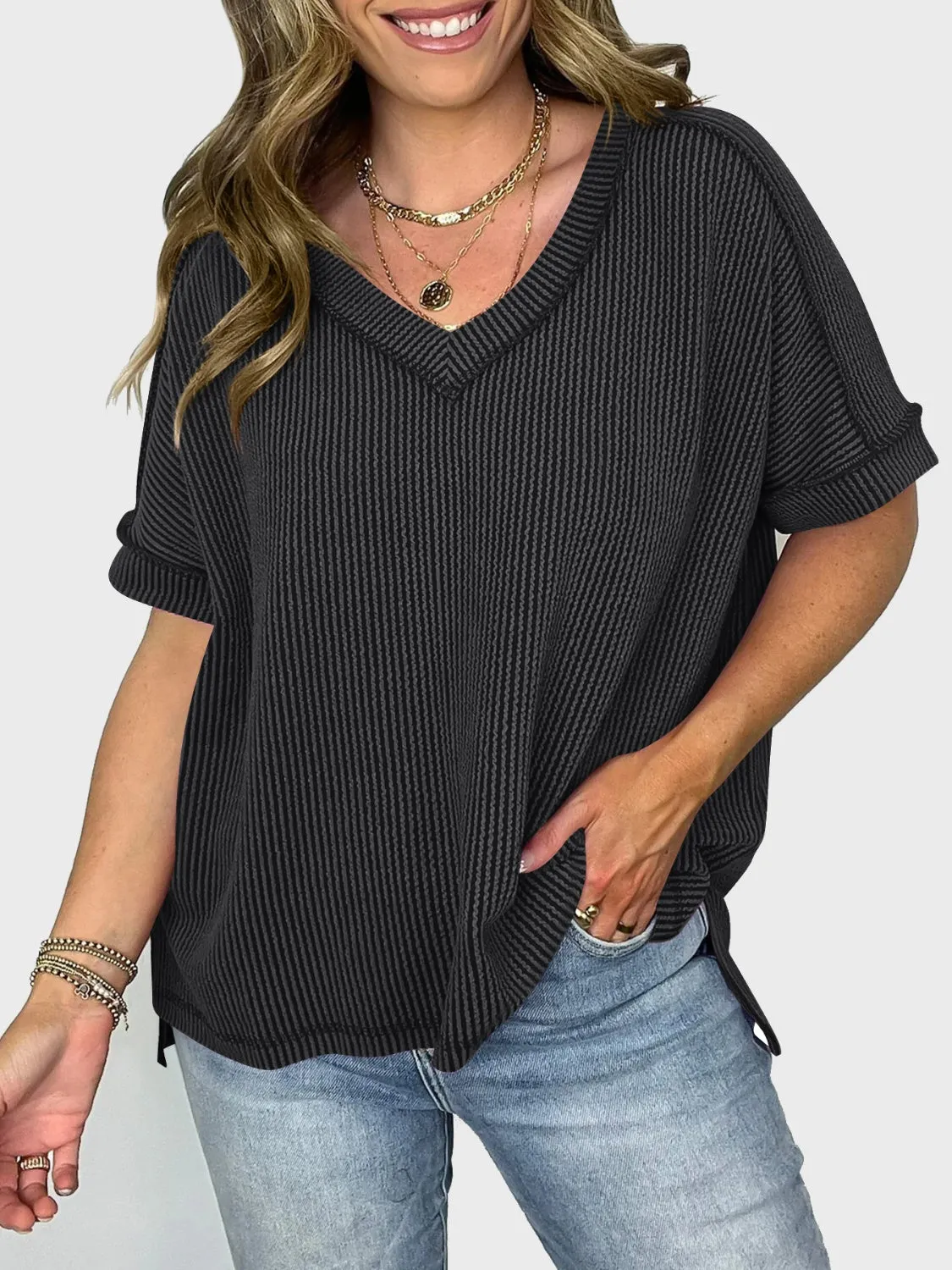 Lovelet Texture V-Neck Half Sleeve Top (5 Colors)