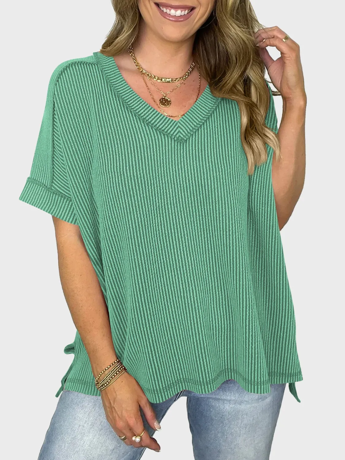 Lovelet Texture V-Neck Half Sleeve Top (5 Colors)
