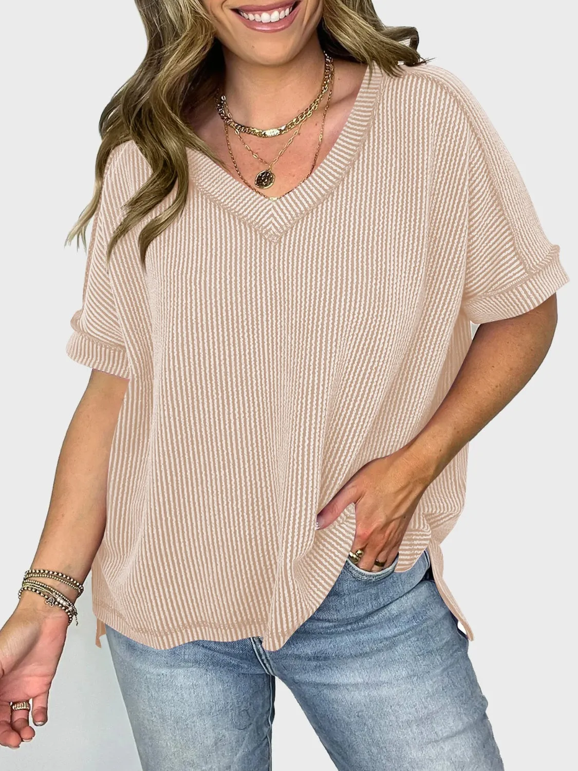 Lovelet Texture V-Neck Half Sleeve Top (5 Colors)