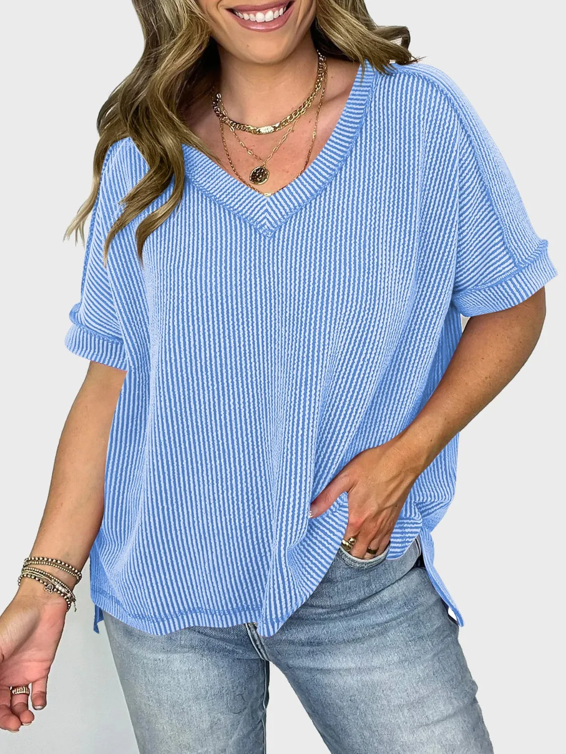 Lovelet Texture V-Neck Half Sleeve Top (5 Colors)