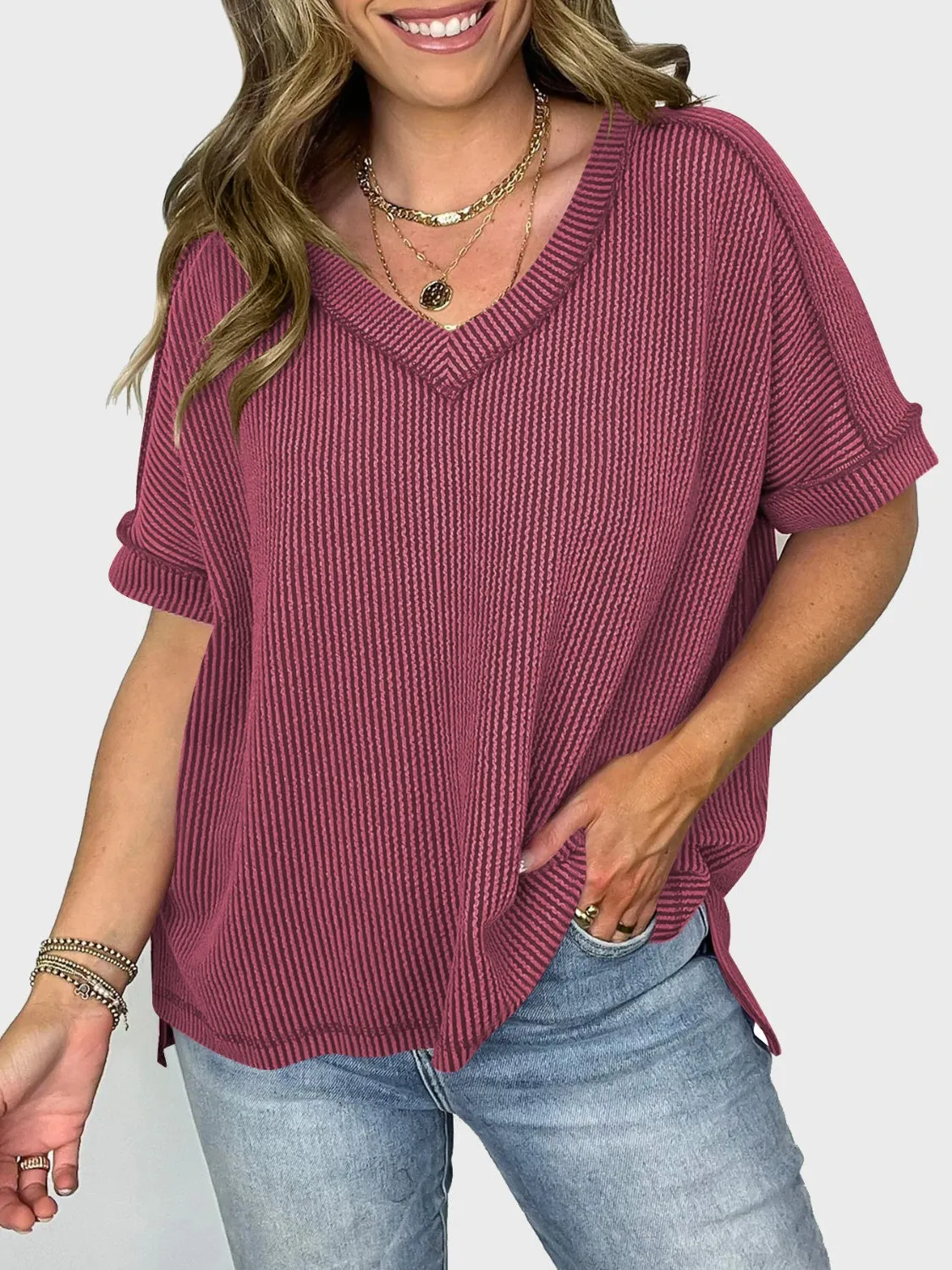 Lovelet Texture V-Neck Half Sleeve Top (5 Colors)