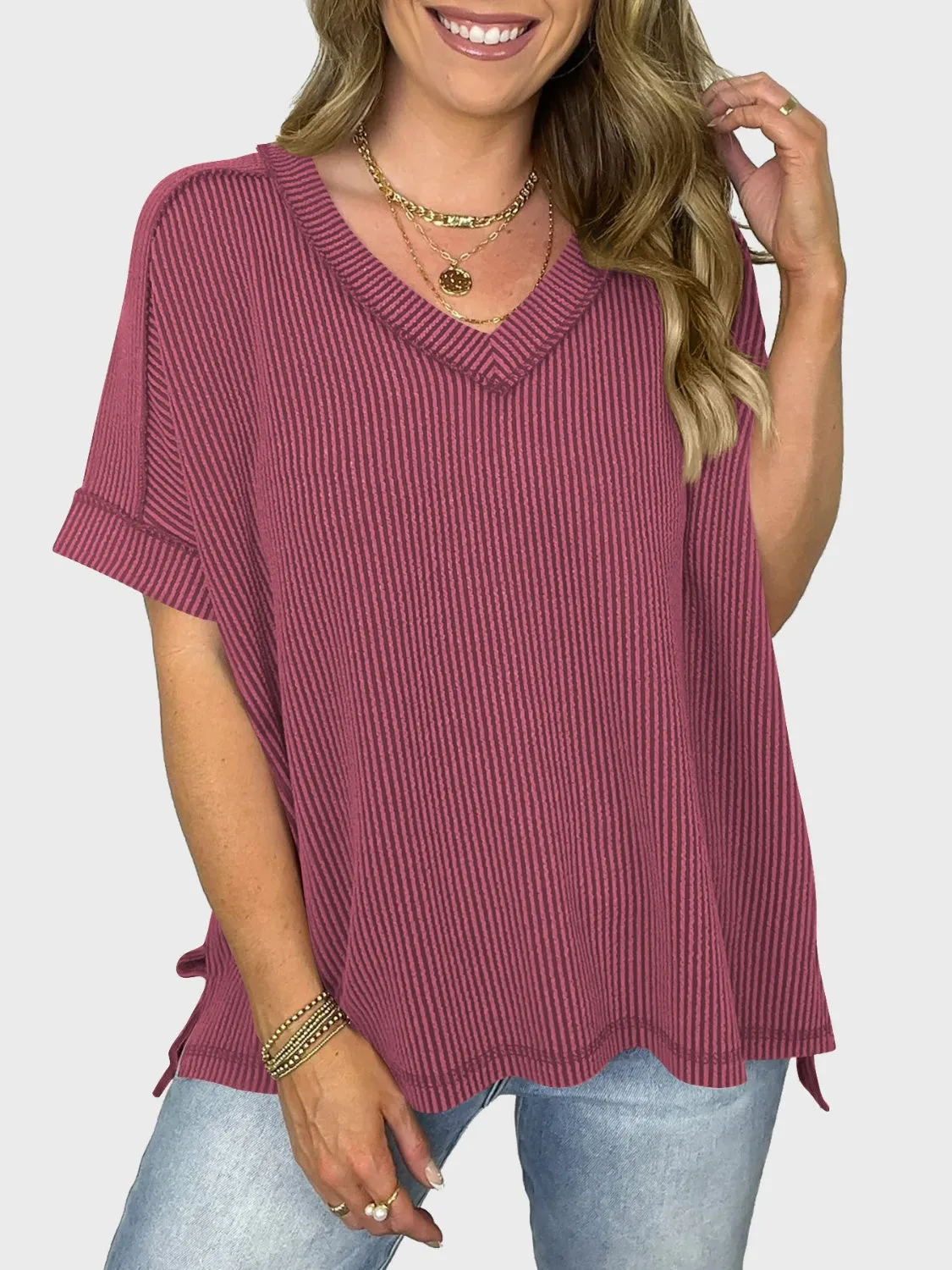 Lovelet Texture V-Neck Half Sleeve Top (5 Colors)