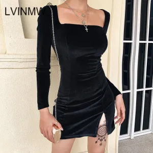 LVINMW Velvet Square Collar Side Split Bodycon Dress