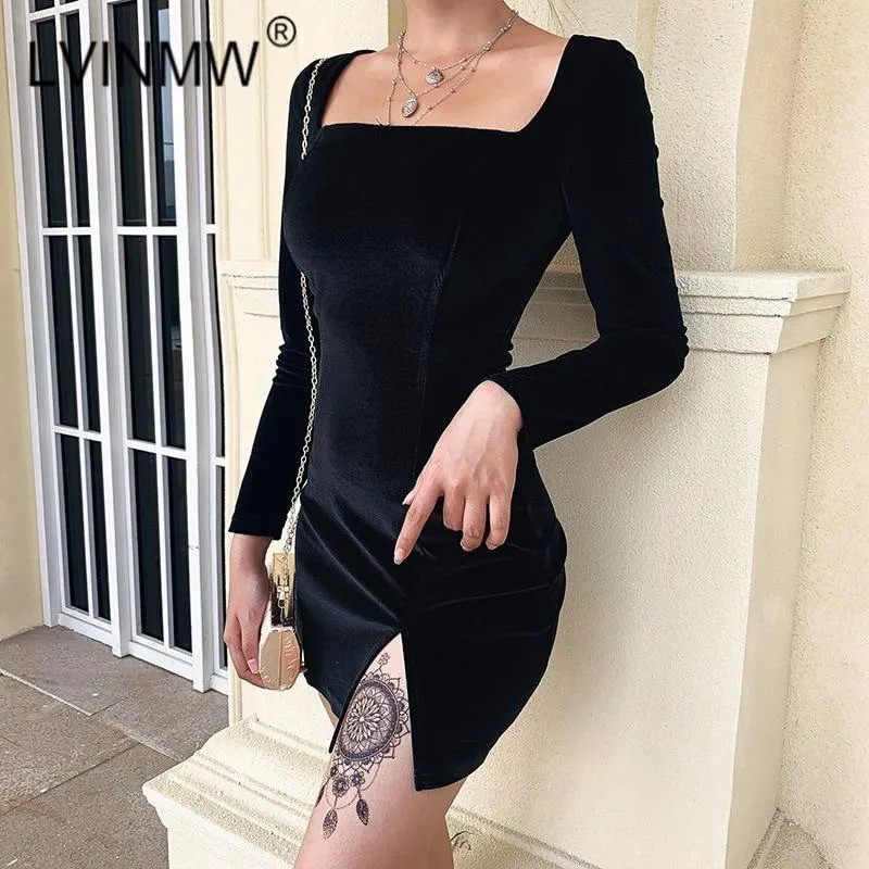 LVINMW Velvet Square Collar Side Split Bodycon Dress