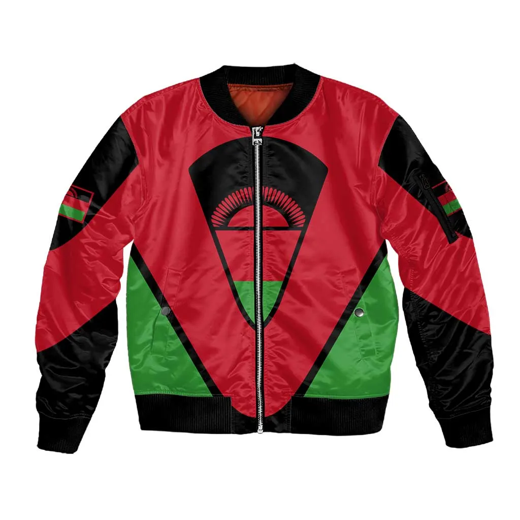 Malawi Sleeve Zip Bomber Jacket Flag Colors Blended with National Emblem TS04