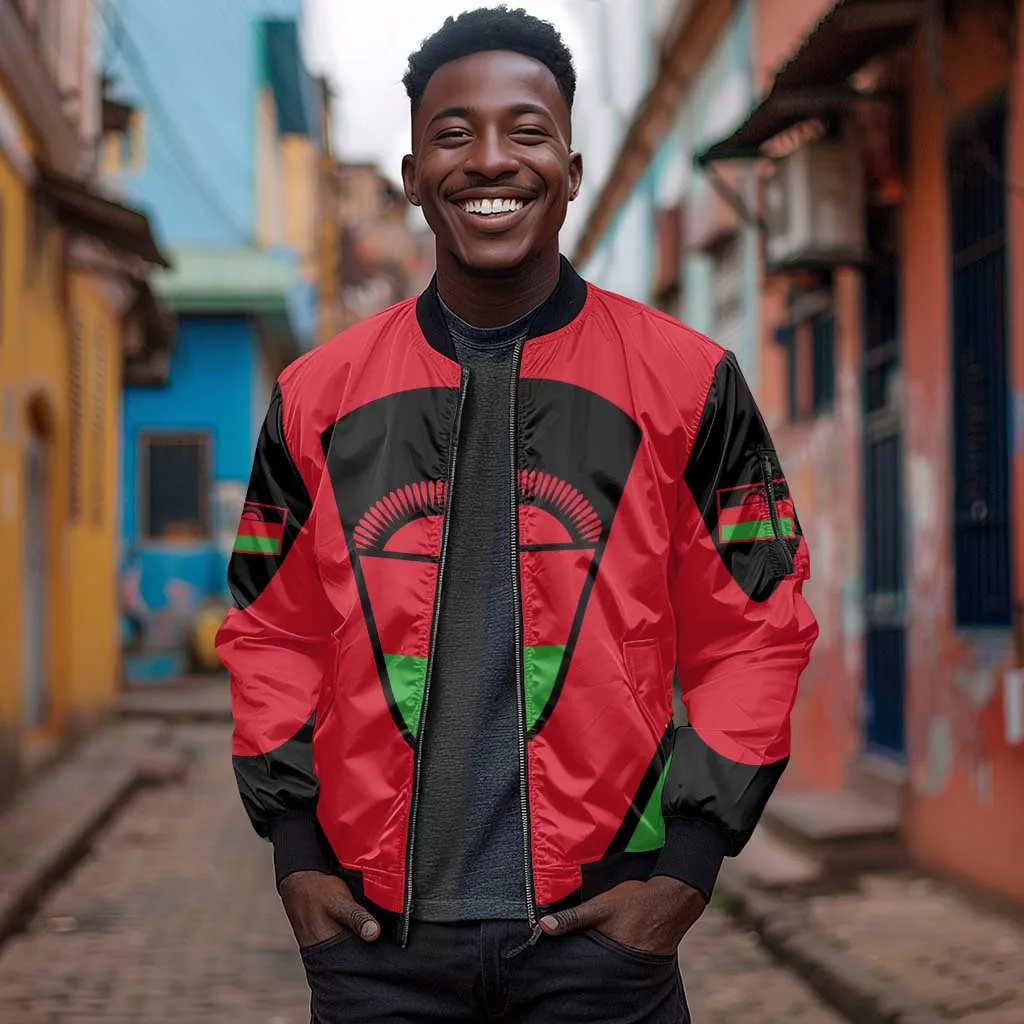 Malawi Sleeve Zip Bomber Jacket Flag Colors Blended with National Emblem TS04
