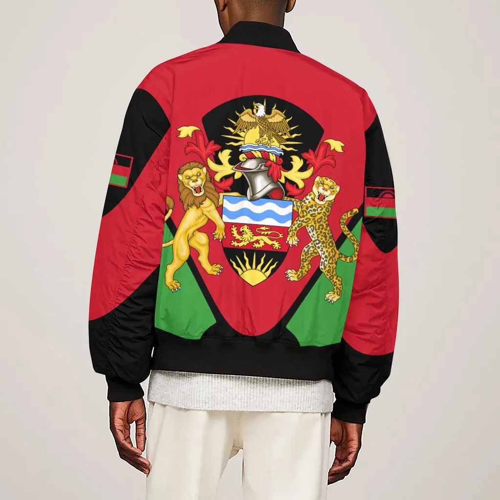 Malawi Sleeve Zip Bomber Jacket Flag Colors Blended with National Emblem TS04