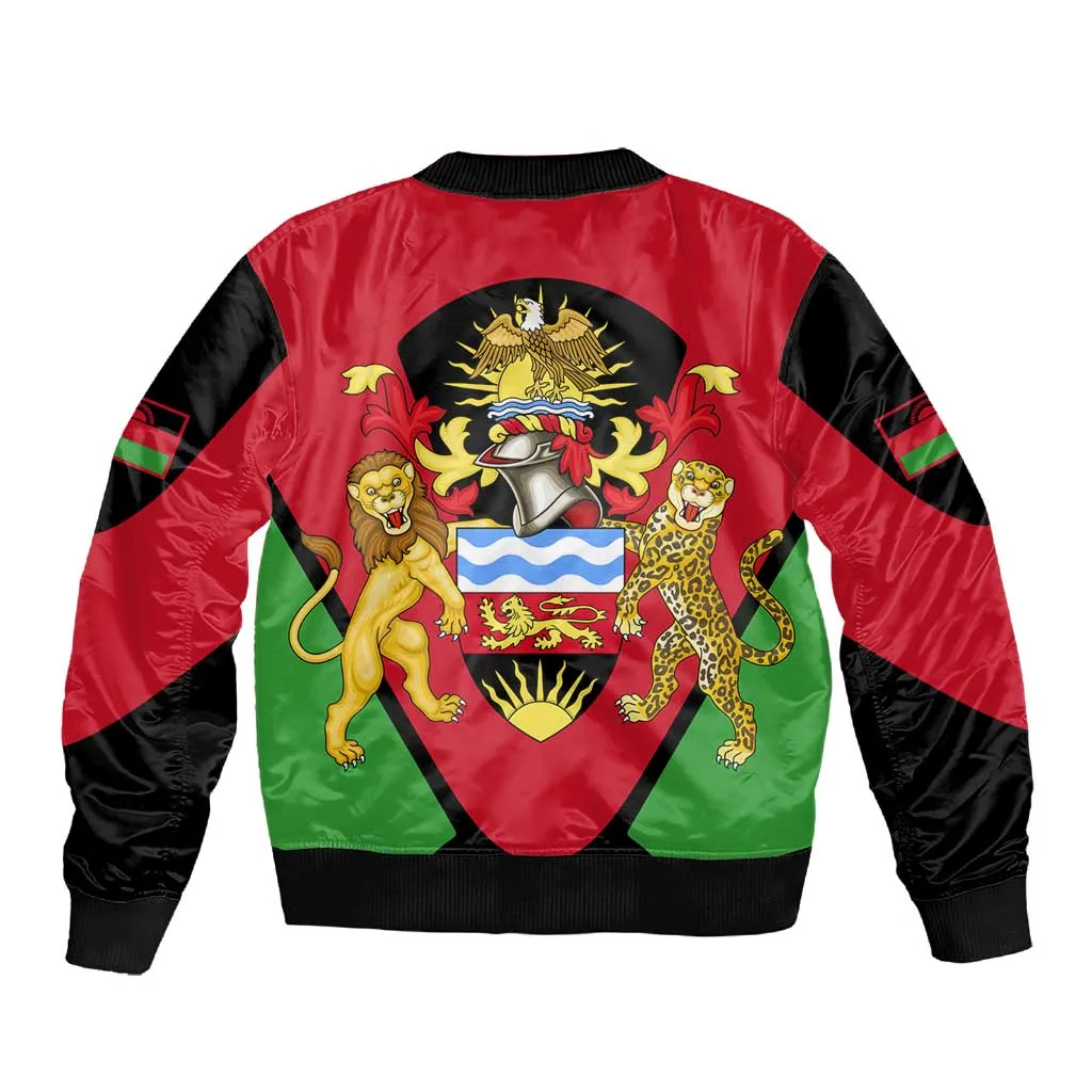 Malawi Sleeve Zip Bomber Jacket Flag Colors Blended with National Emblem TS04