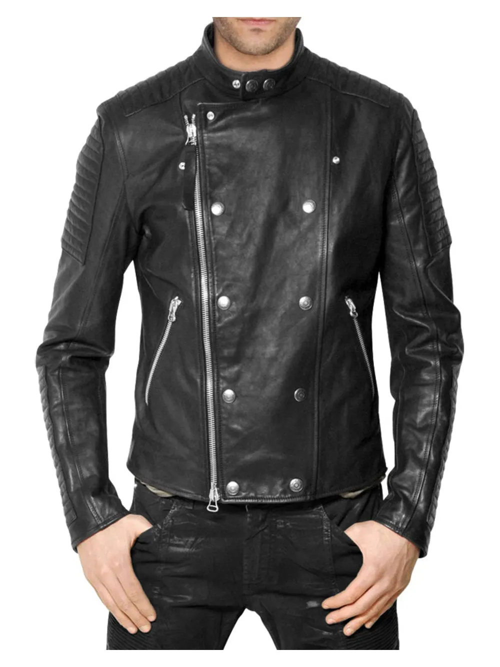 Mandarin Collar Moto Genuine Leather Jacket for Men