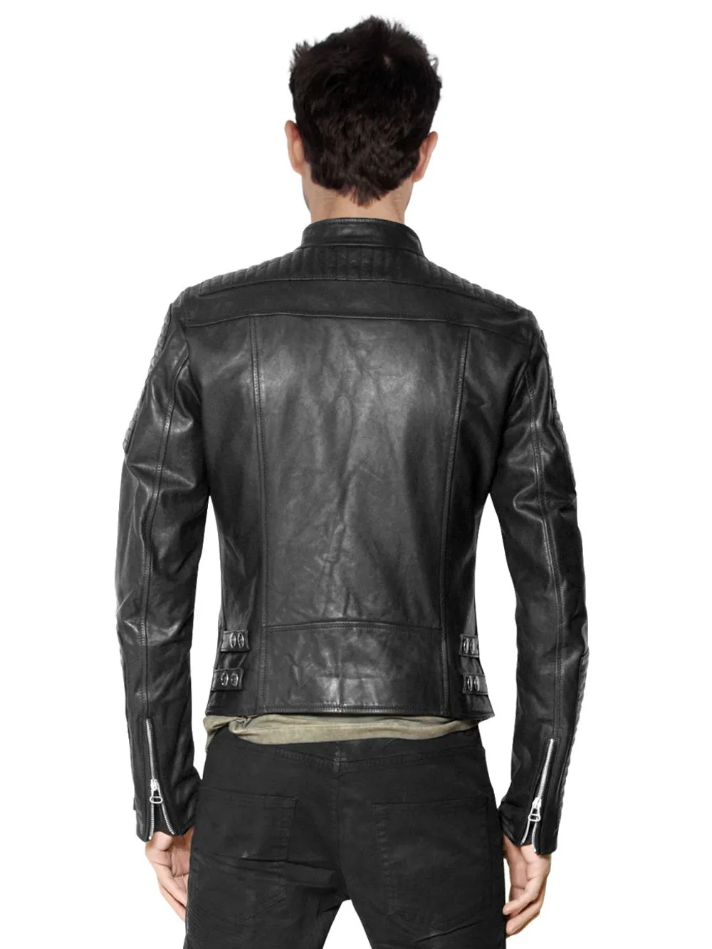 Mandarin Collar Moto Genuine Leather Jacket for Men