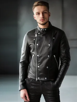 Mandarin Collar Moto Genuine Leather Jacket for Men