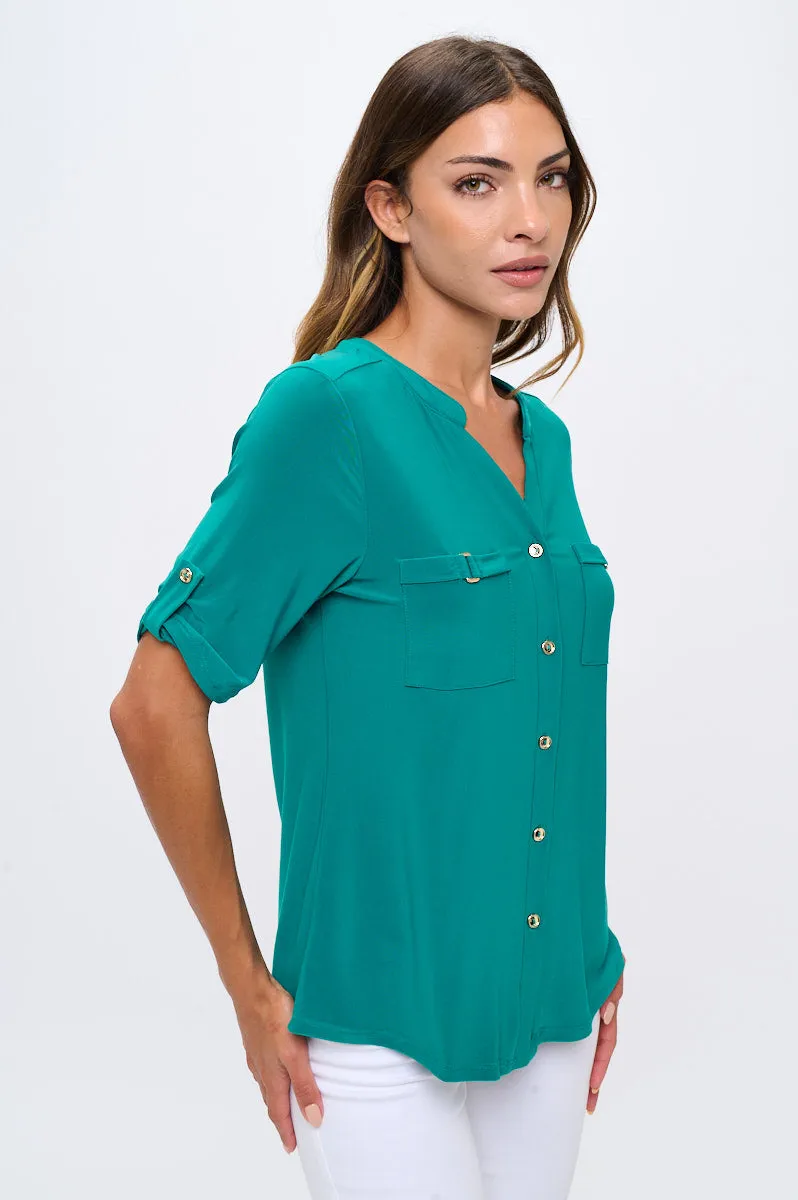 MARILYN V NECK BUTTON PLEAT SHIRT