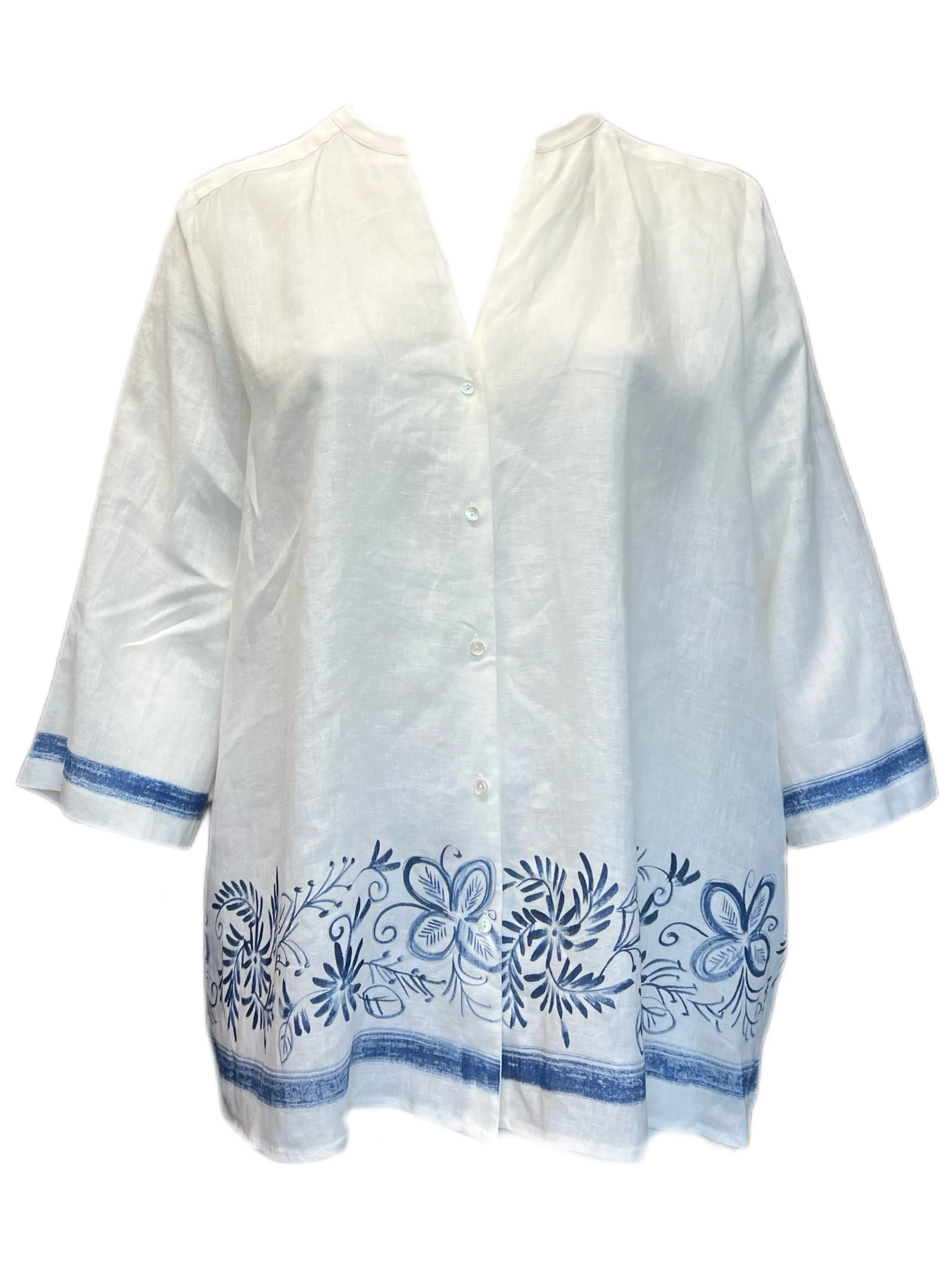 Marina Rinaldi Women's White Batik Button Down Flax Shirt NWT