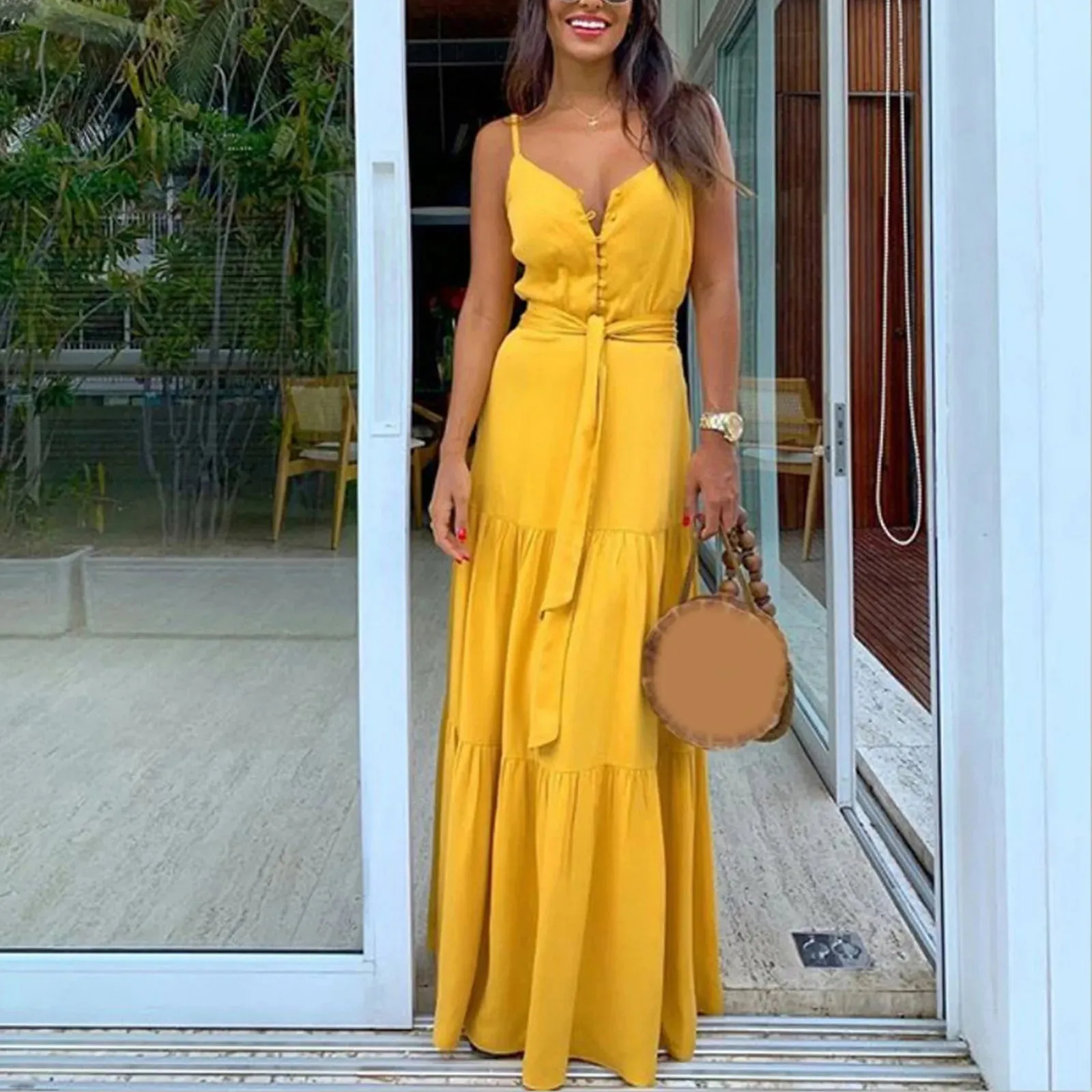 Maxi V Neck Button High Waist Boho Sling Long Dress