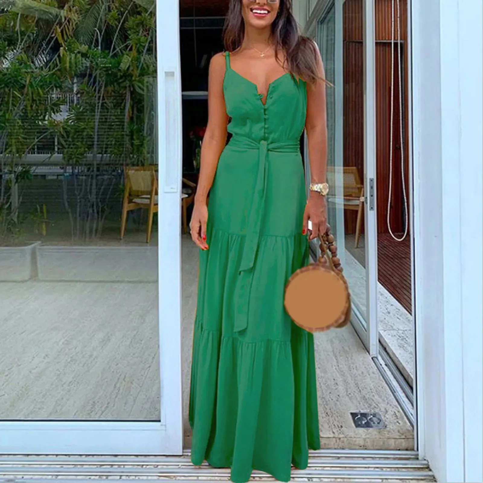Maxi V Neck Button High Waist Boho Sling Long Dress