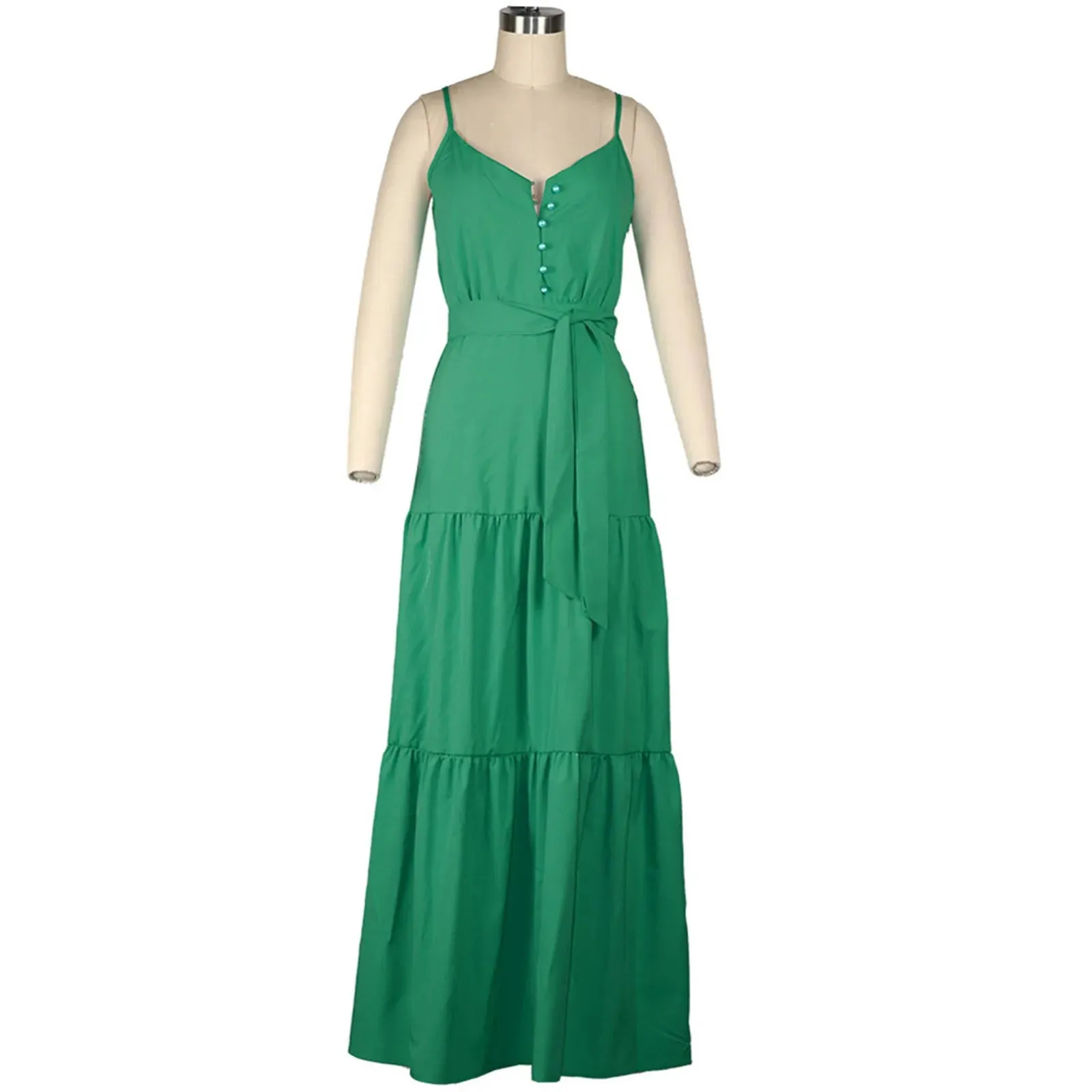 Maxi V Neck Button High Waist Boho Sling Long Dress