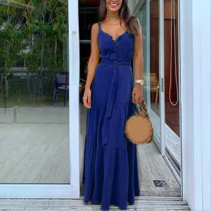Maxi V Neck Button High Waist Boho Sling Long Dress