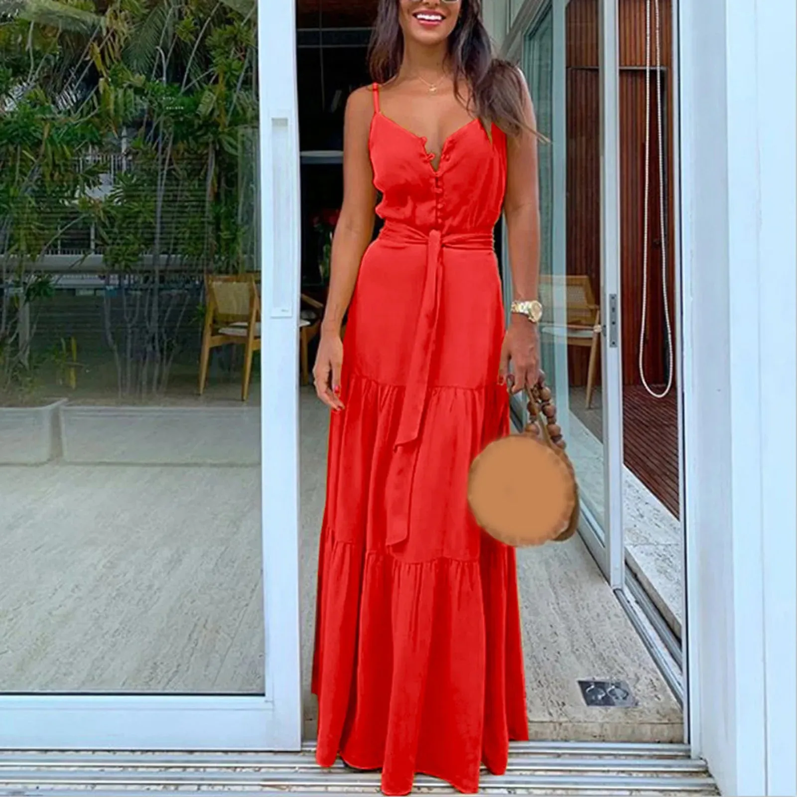 Maxi V Neck Button High Waist Boho Sling Long Dress