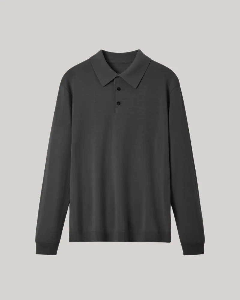 Men's 100% Merino Wool Knit Long Sleeve Polo Shirt