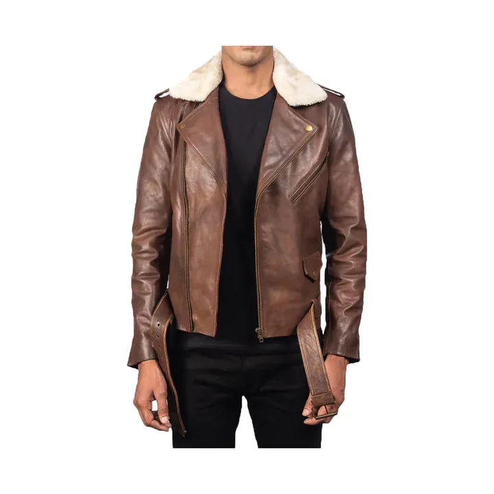 Men's Asymmetrical Shearling Collar Original Leather Moto Jacket