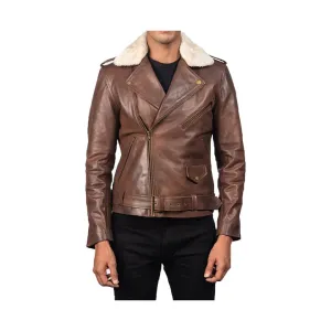 Men's Asymmetrical Shearling Collar Original Leather Moto Jacket