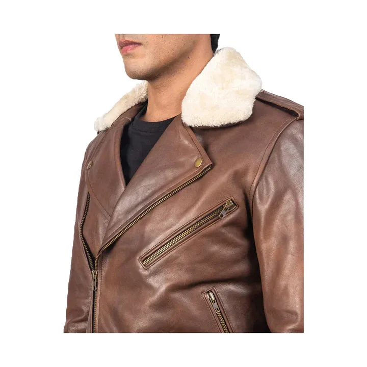 Men's Asymmetrical Shearling Collar Original Leather Moto Jacket