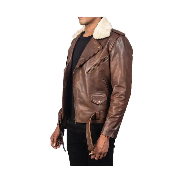 Men's Asymmetrical Shearling Collar Original Leather Moto Jacket