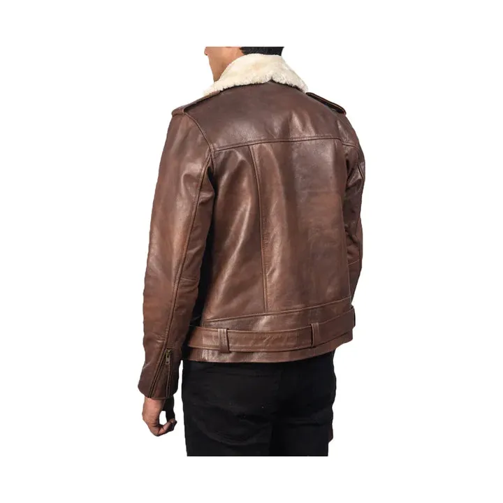 Men's Asymmetrical Shearling Collar Original Leather Moto Jacket