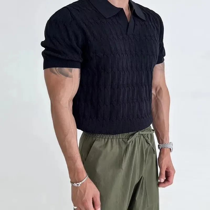 Men's Knitted Jacquard V-Neck Polo Shirt