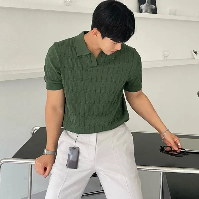 Men's Knitted Jacquard V-Neck Polo Shirt
