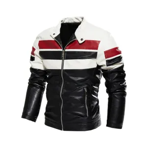 Men's Moto Striped Color Block Leather Jacket