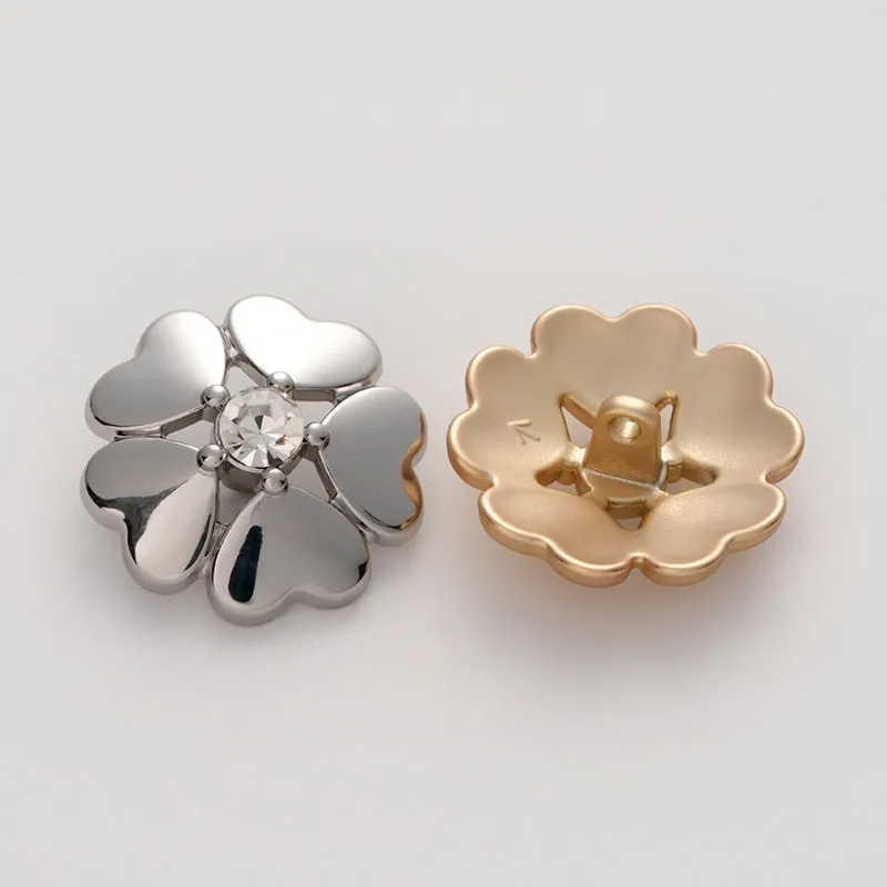 Metal Heart-Shaped Five-Leaf Clover Flower Diamond Button 6pcs