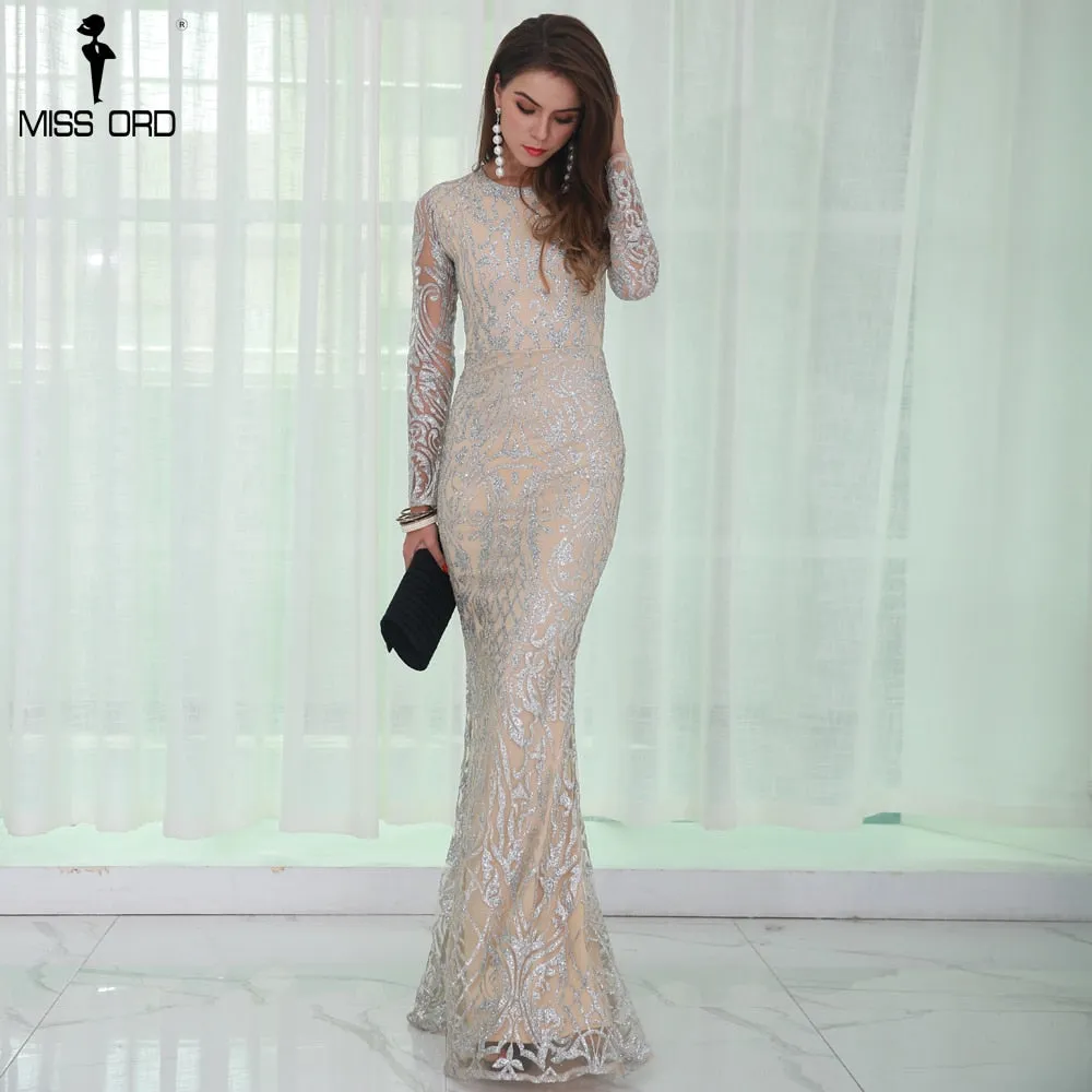 Missord 2017 Sexy O Neck Long Sleeve Pattern Glitter Maxi  Dress FT8520