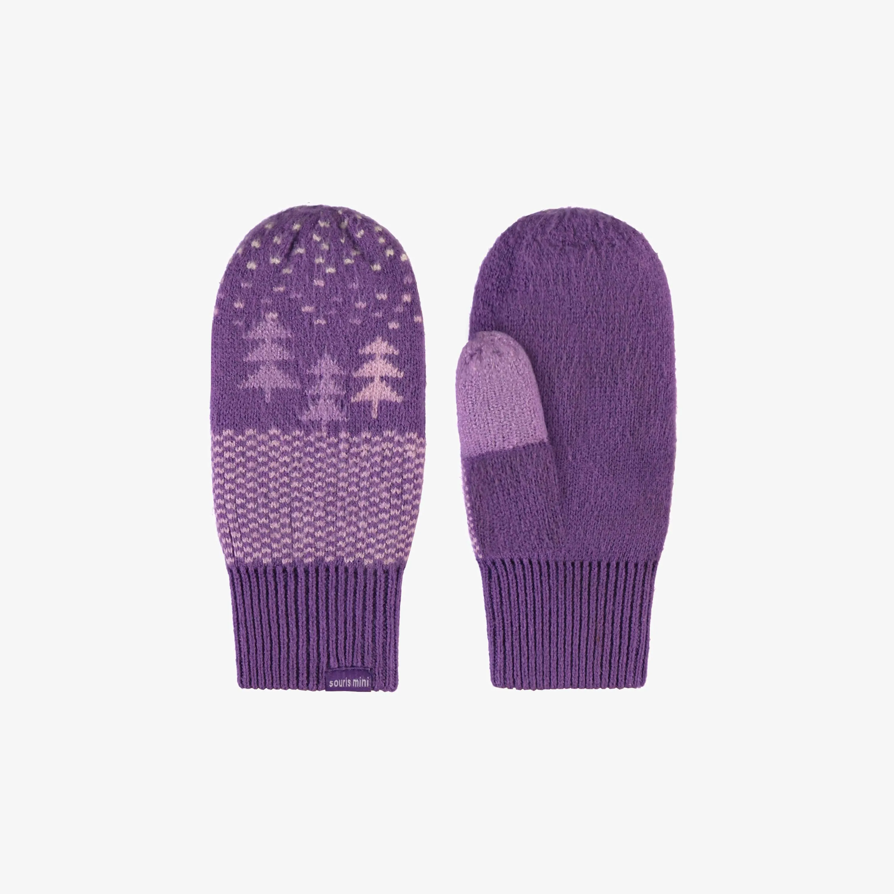 Mitaines mauves à motifs en tricot, enfant || Purple knitted mittens with print, child