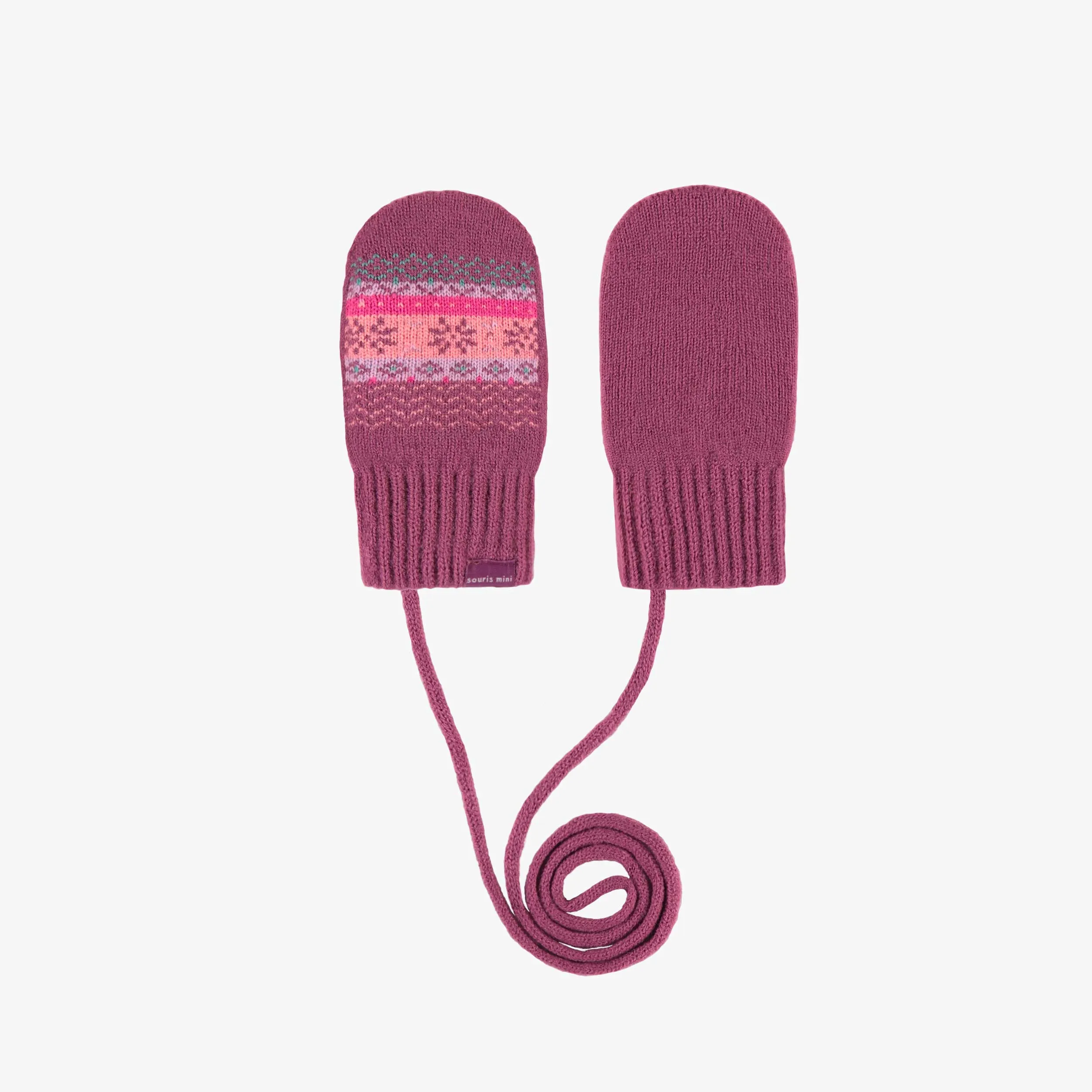 Mitaines roses, pêche et turquoise à motifs avec cordon en tricot, bébé || Pink, peach and turquoise knitted mittens with print and cord, baby