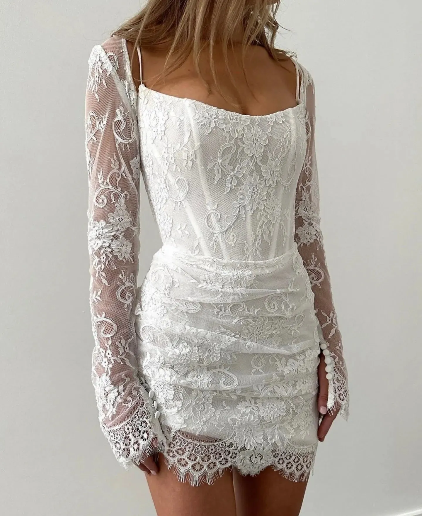 Modern Detachable Long Lace Sleeves Wedding Dresses Gowns Sequins Strapless Mini Formal Princess Bride Bridal Gown Dress