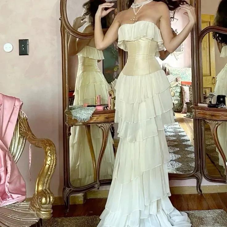 Modest Sheath Strapless Chiffon Sleeveless Ivory Long Prom Dress Evening Dresses      fg6798