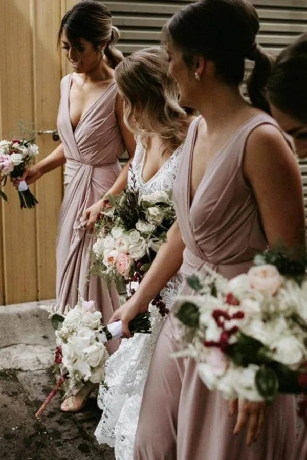 Modest V-neck Floor Length Bridesmaid Dresses, Wedding Party Dress, MBD150