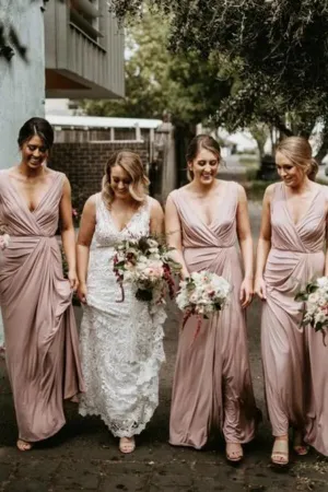 Modest V-neck Floor Length Bridesmaid Dresses, Wedding Party Dress, MBD150