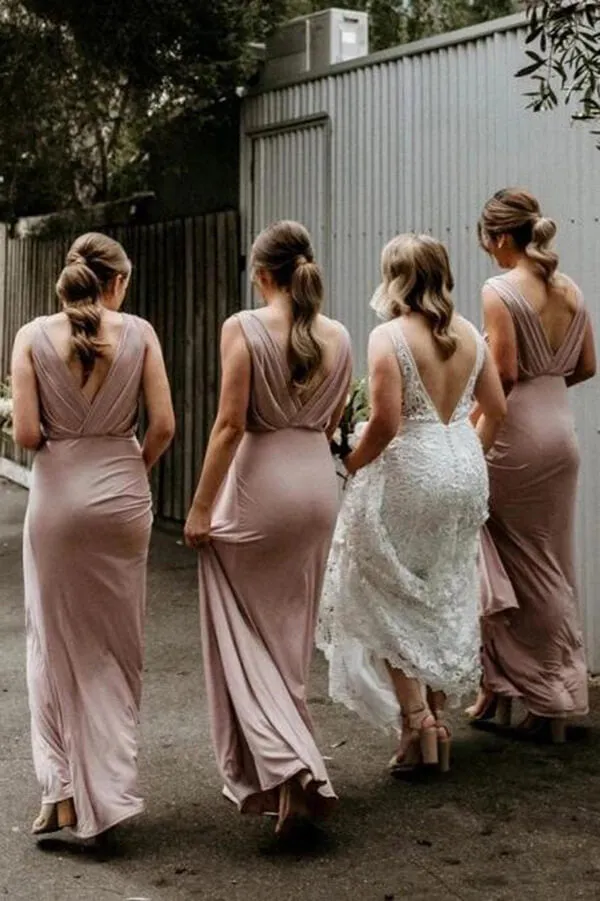 Modest V-neck Floor Length Bridesmaid Dresses, Wedding Party Dress, MBD150