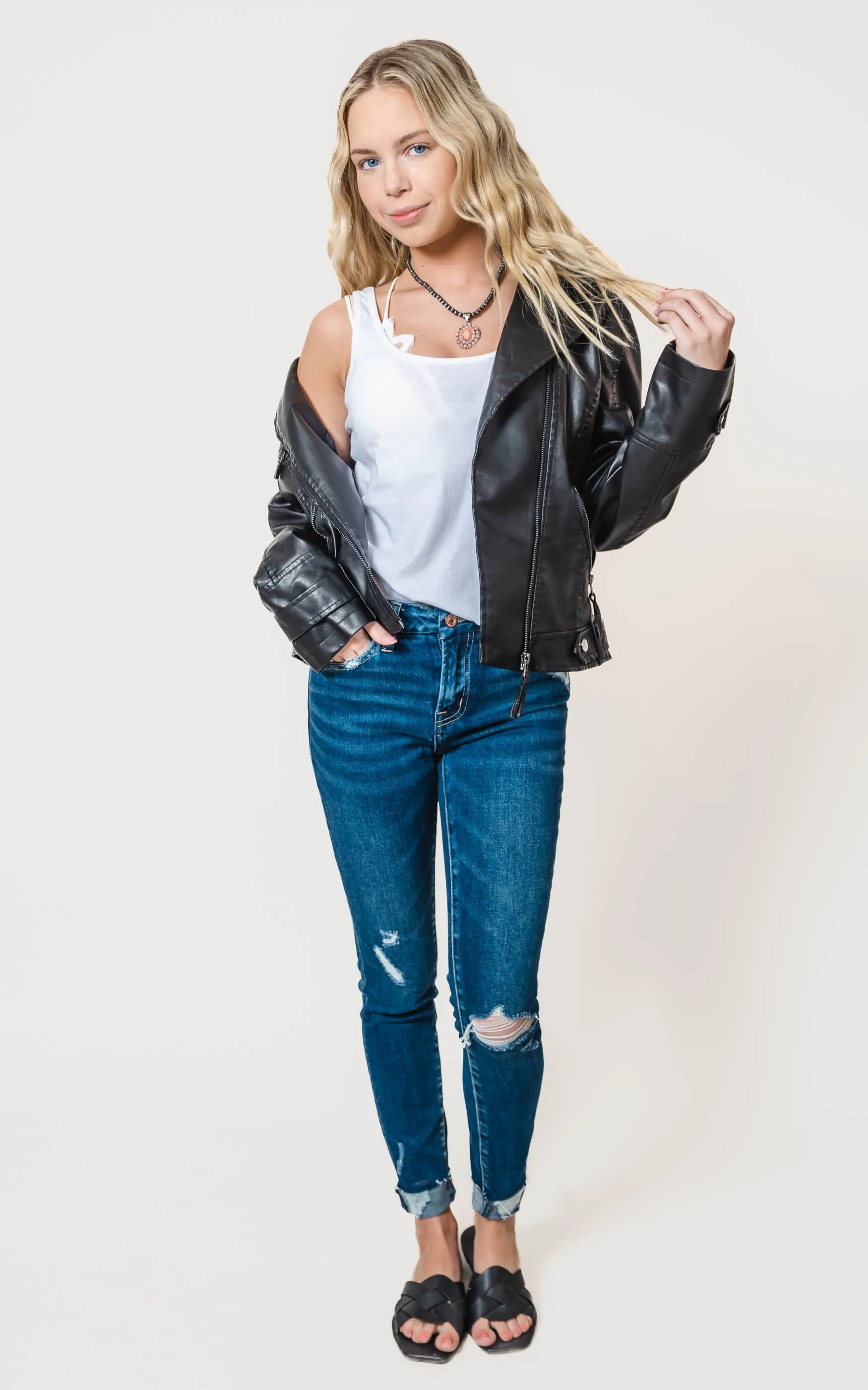 Moto Faux Leather Zip Up Biker Jacket - BLUE B
