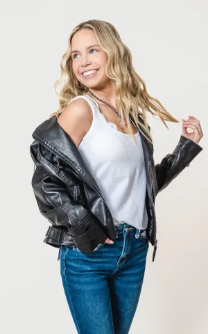 Moto Faux Leather Zip Up Biker Jacket - BLUE B